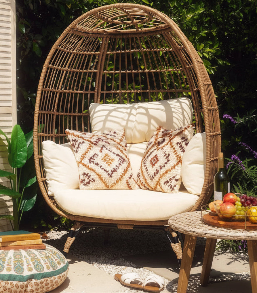 Woman sitting in a wicker egg chair outdoors with plants and a table in the background.