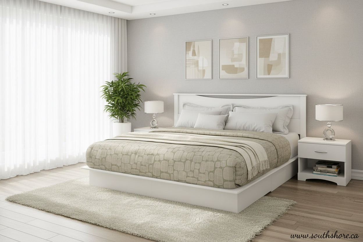 White bed with stone-patterned comforter in a bedroom setting with nightstands and lamps.