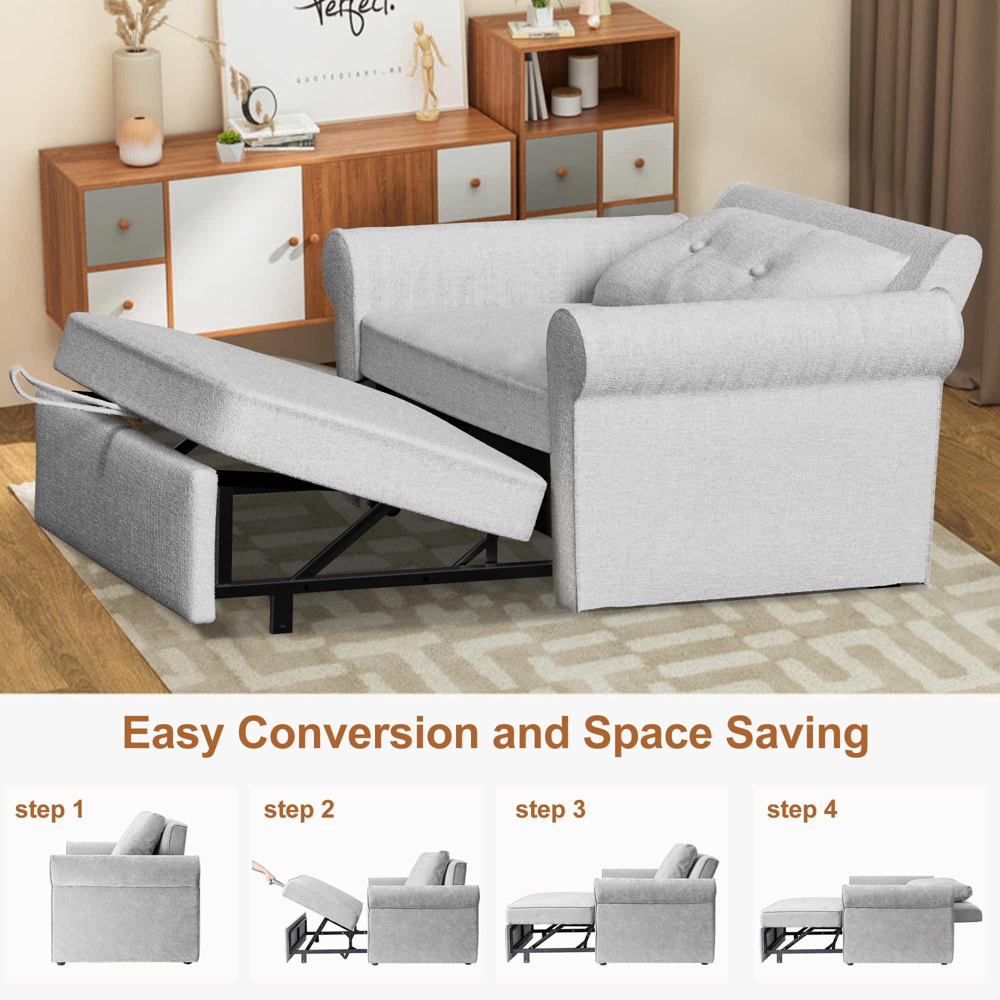Gray sofa with storage bed in a room setting, showing conversion steps.