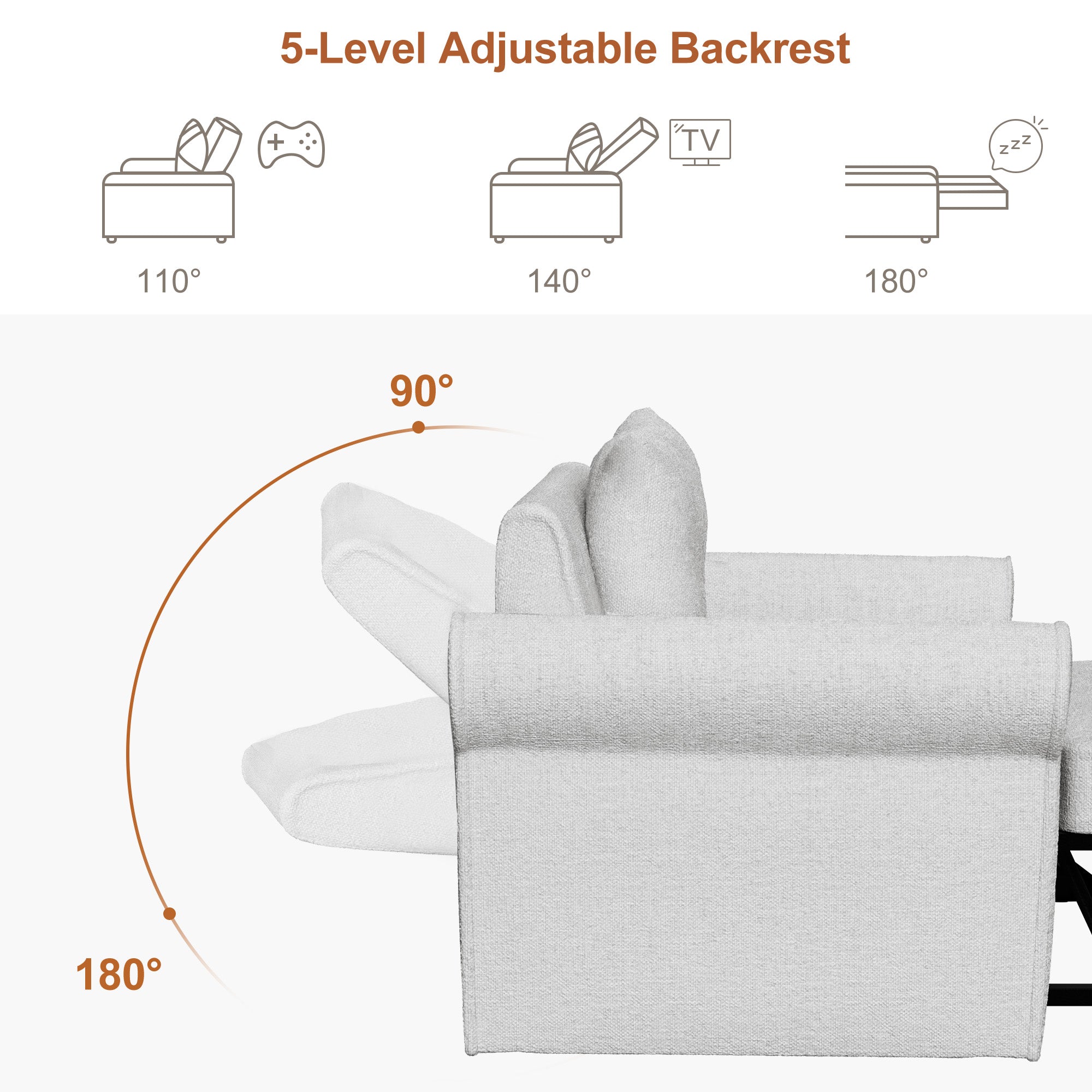 Gray armchair with adjustable backrest angles shown on a white background