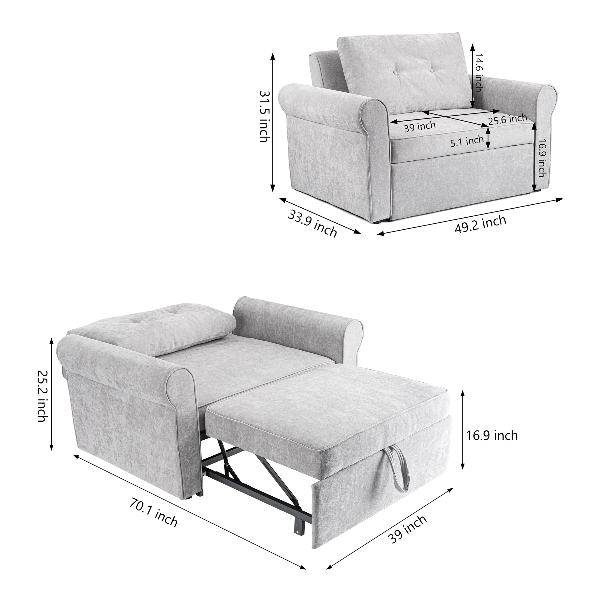 Gray sofa bed with dimensions labeled on a white background