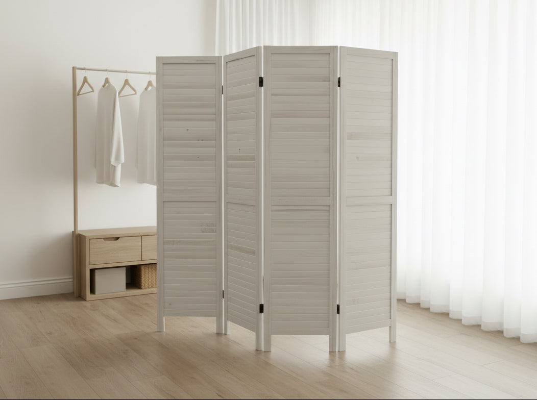Wooden room divider in a bedroom setting