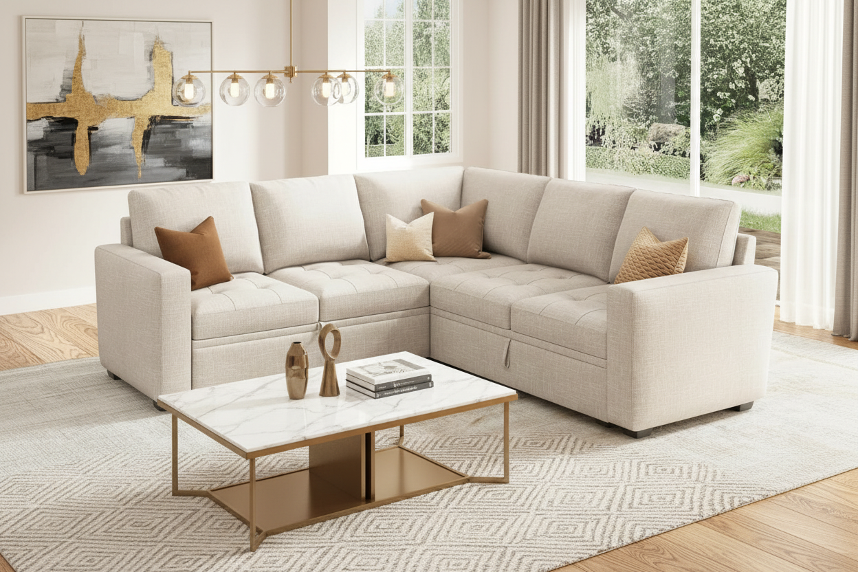 Hardy Haus Beige Modular Sleeper Sectional – Pull-Out Bed + Hidden Storage