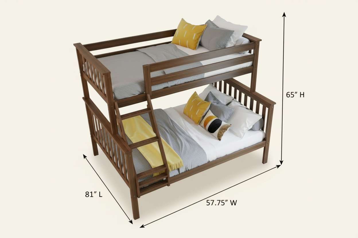 Wooden bunk bed with white bedding and colorful pillows in a room.