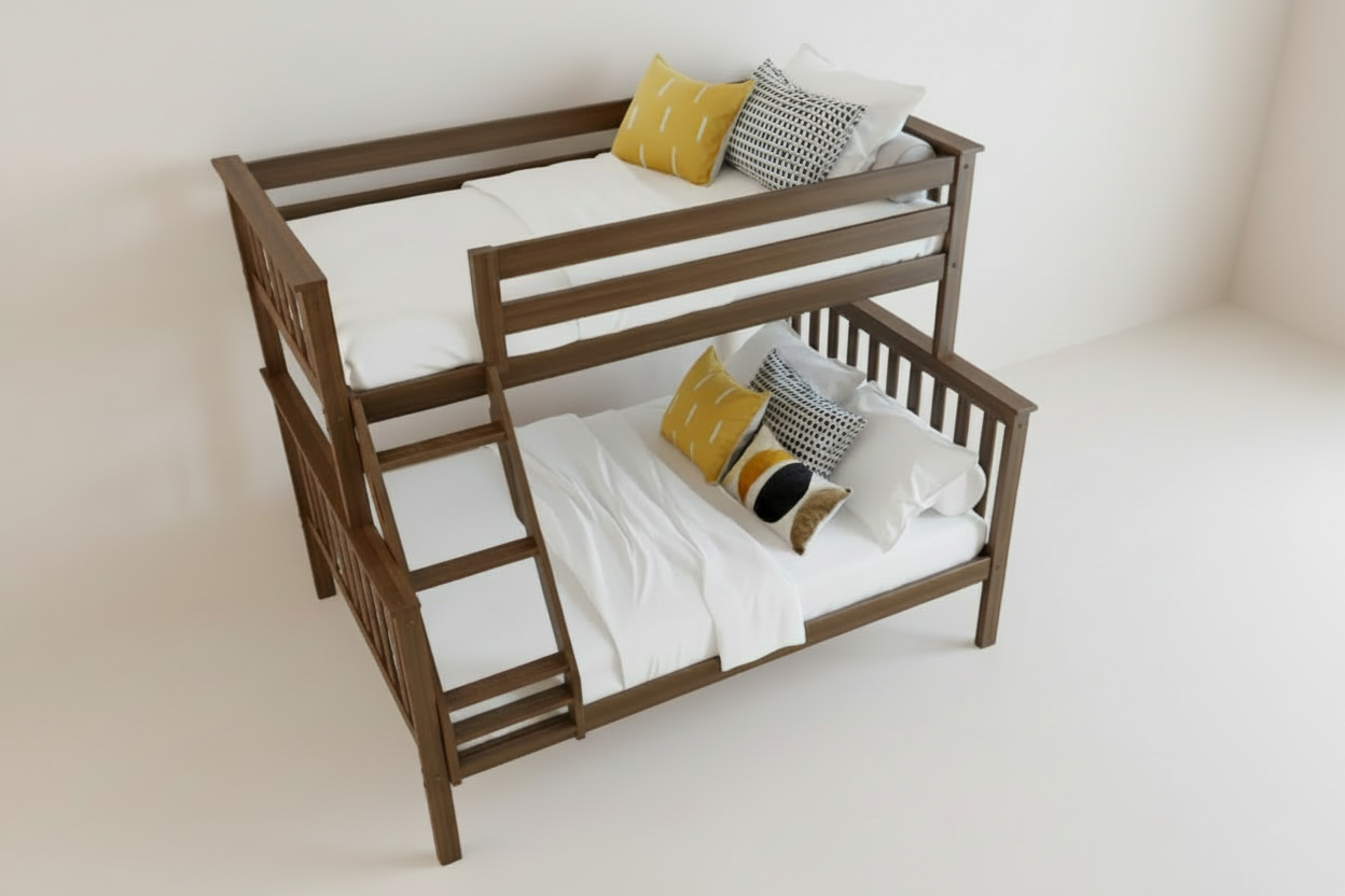 Wooden bunk bed with white bedding and colorful pillows in a room.