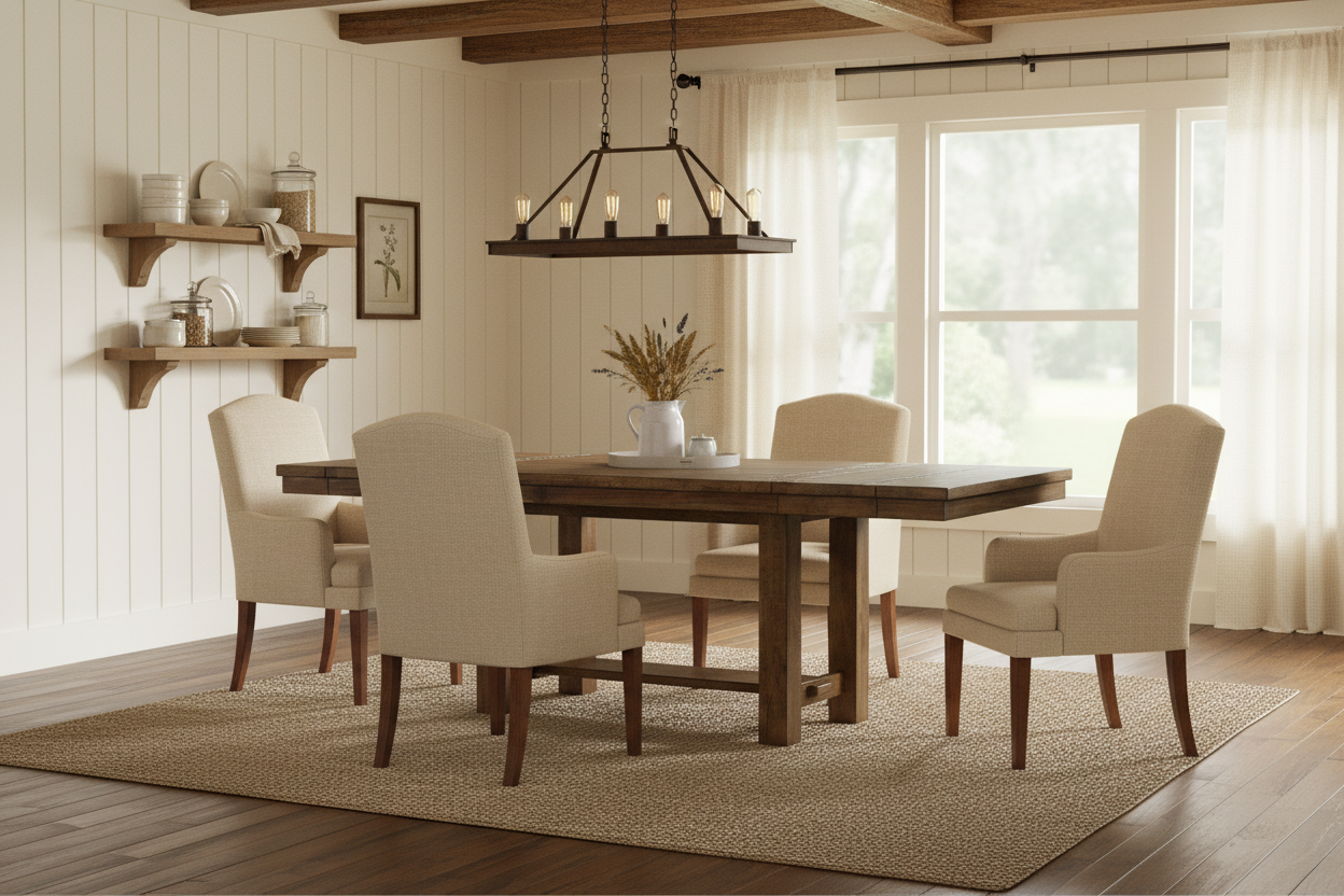 Wooden dining table with a rustic finish on a white background