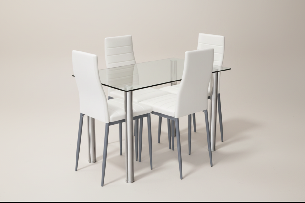 Dining table set with glass top and white chairs on a white background