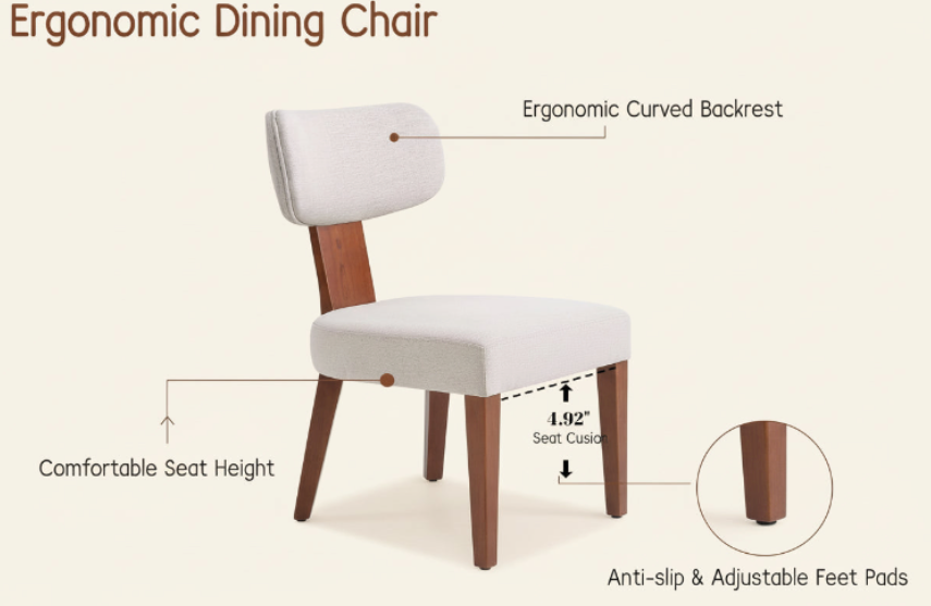 Ergonomic dining chair with features highlighted on a beige background
