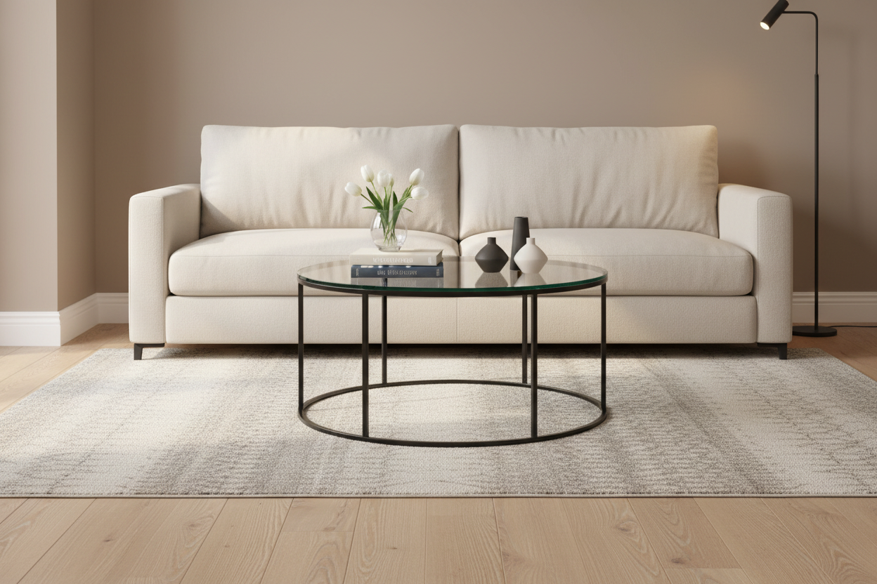 Round glass-top table with black metal frame on a white background