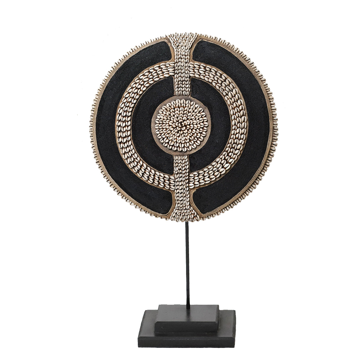 Beaded Cameroon Shield with Cowrie Shells Black on stand | Hand carved in Cameroon