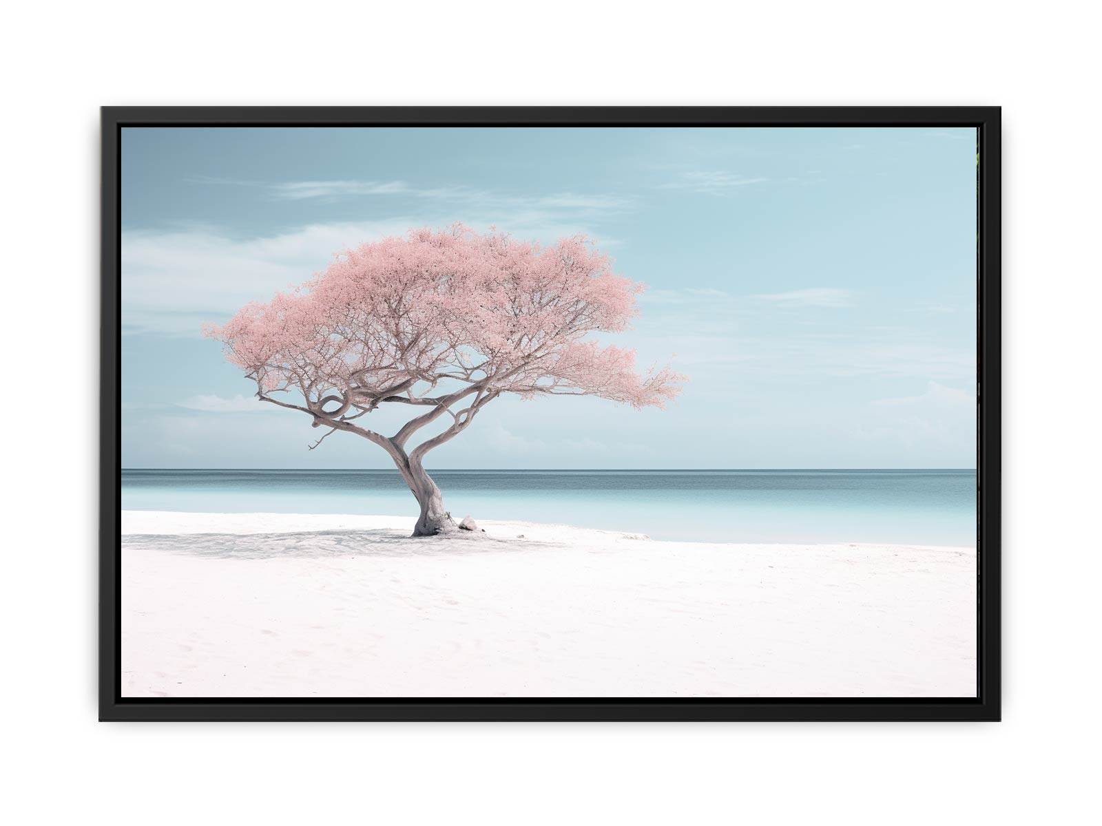Framed artwork of a tree with pink blossoms against a light blue sky.