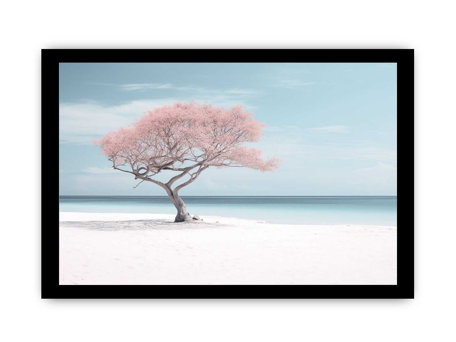 Framed artwork of a pink tree against a blue sky