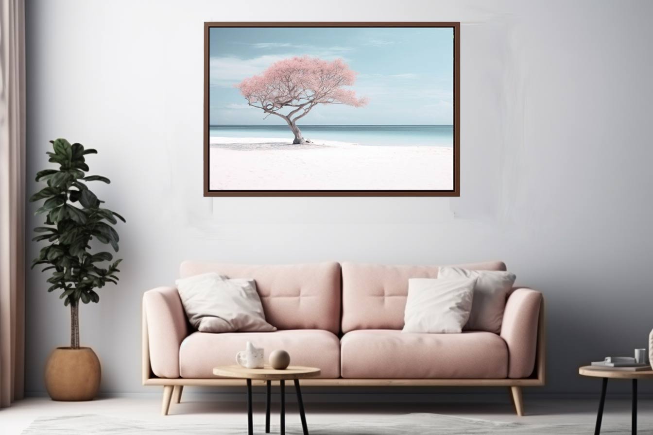 Living room with a pink sofa, framed artwork of a tree, and decorative items.