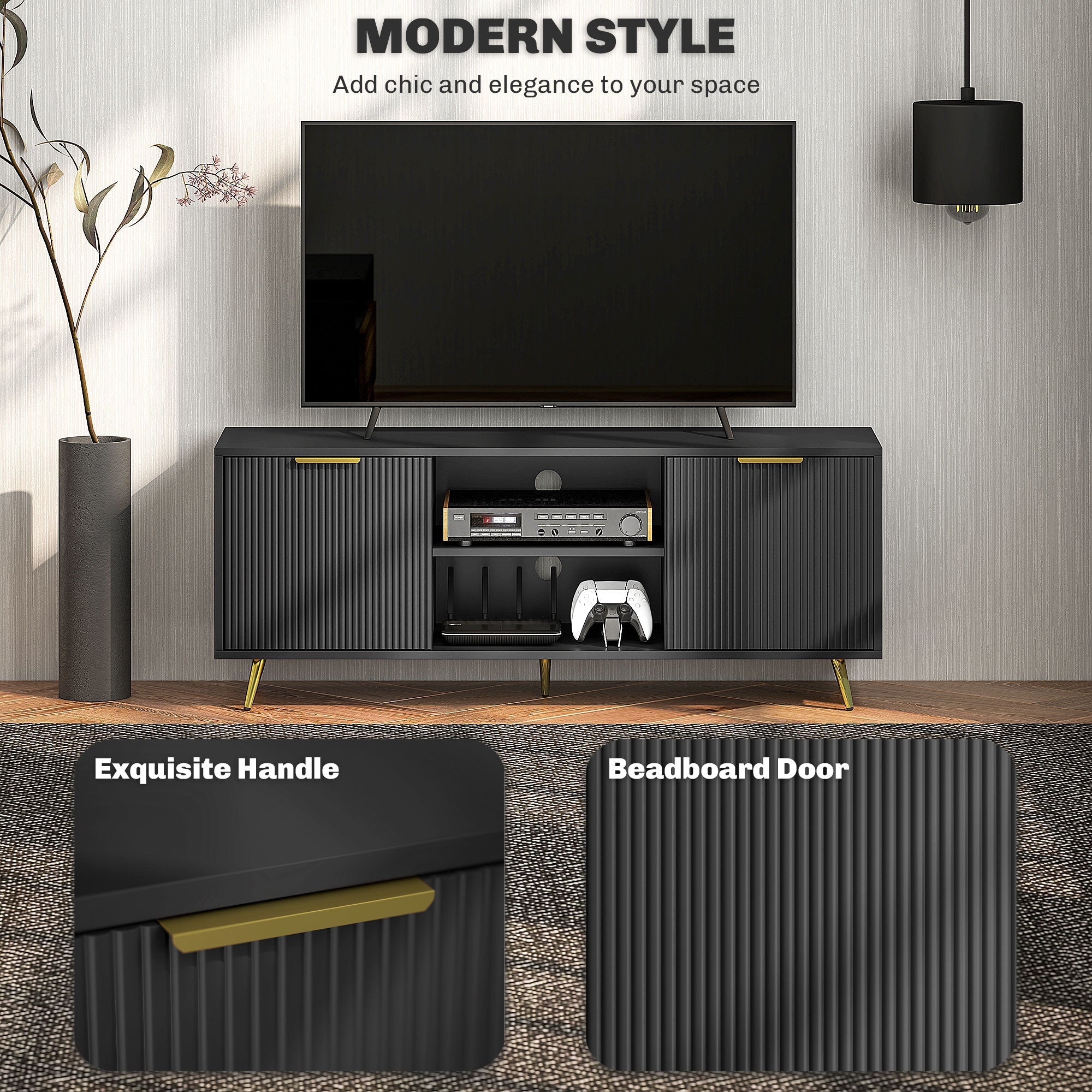 Modern TV Stand Cabinet for TVs up to 55", TV Unit with 2 Open Shelves and 2 Cabinets, Entertainment Centre with Cable Management for Living Room, Black-3