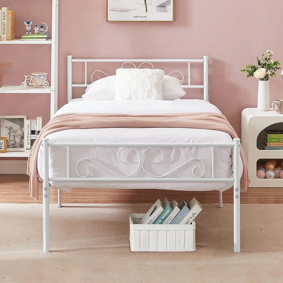 Twin size White Metal Platform Bed Frame with Headboard and Footboard-0