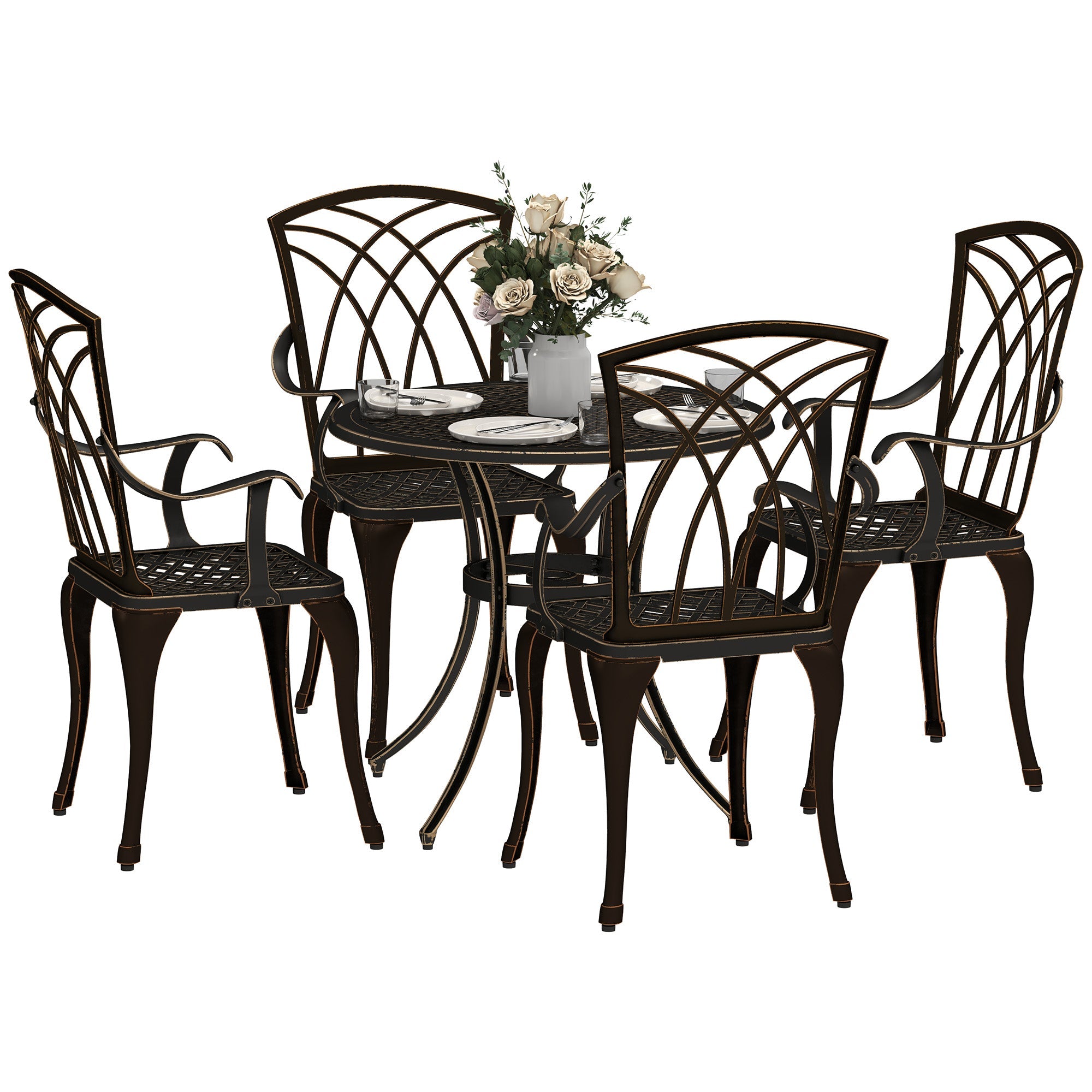 5 Pieces Garden Dining Set for 4, Cast Aluminium Outdoor Dining Set with 4 Armchairs and Round Dining Table with Parasol Hole, Garden Furniture Set, Bronze Tone-0