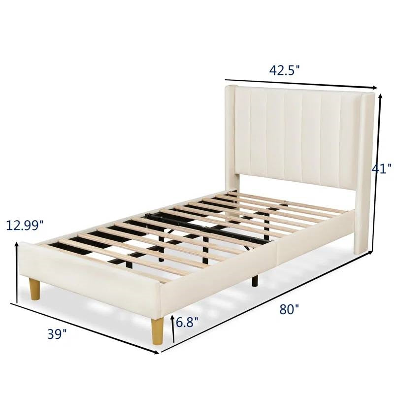 Beige bed frame with dimensions labeled on a white background