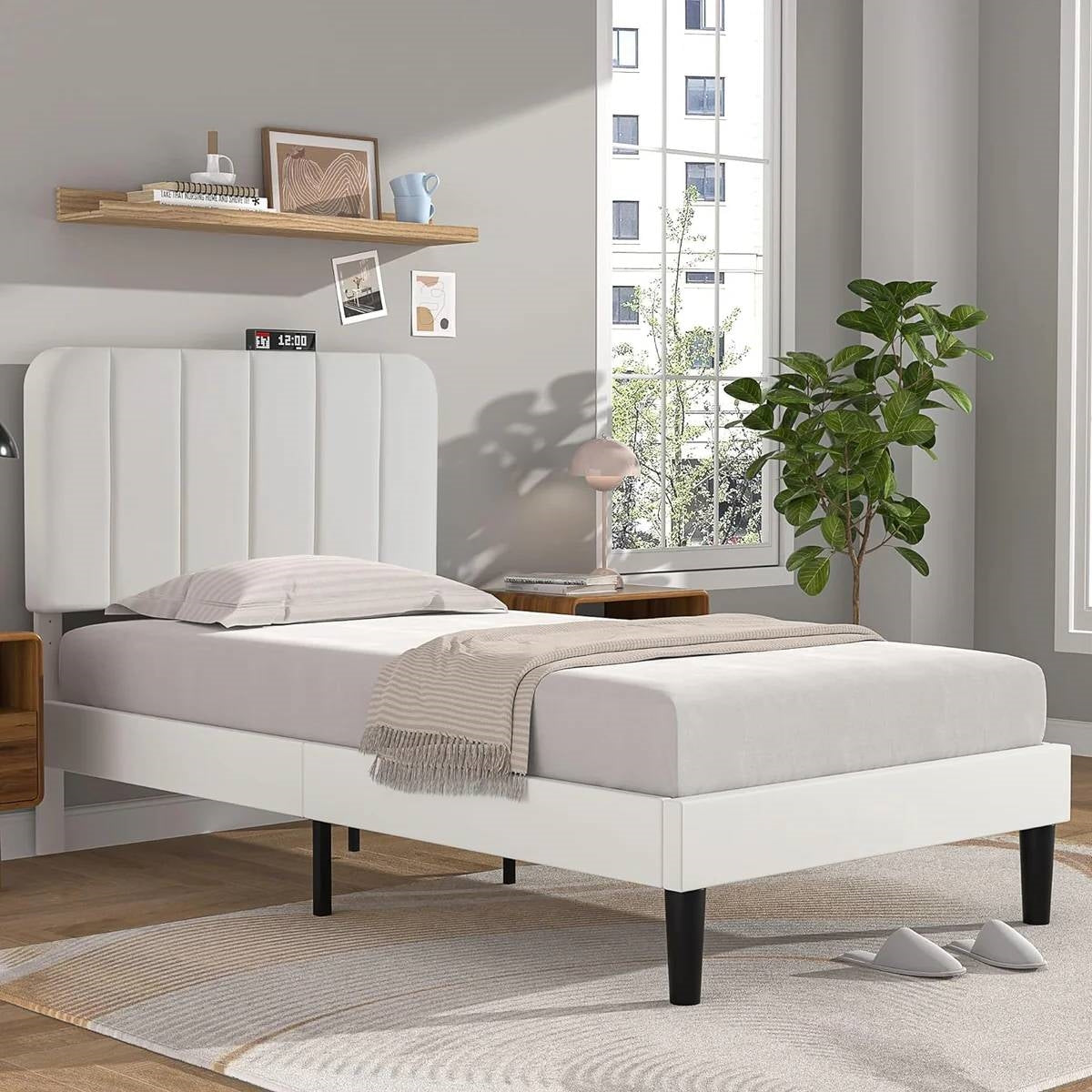 Twin size White Upholstered Platform Bed Frame with Headboard-0