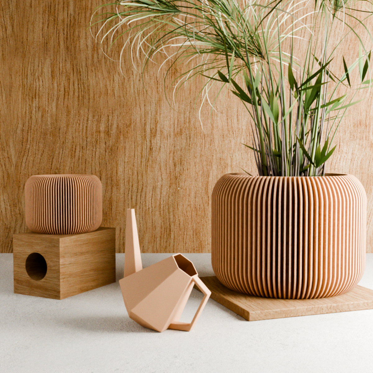 Wooden plant pot and cleaning tools against a wooden wall.