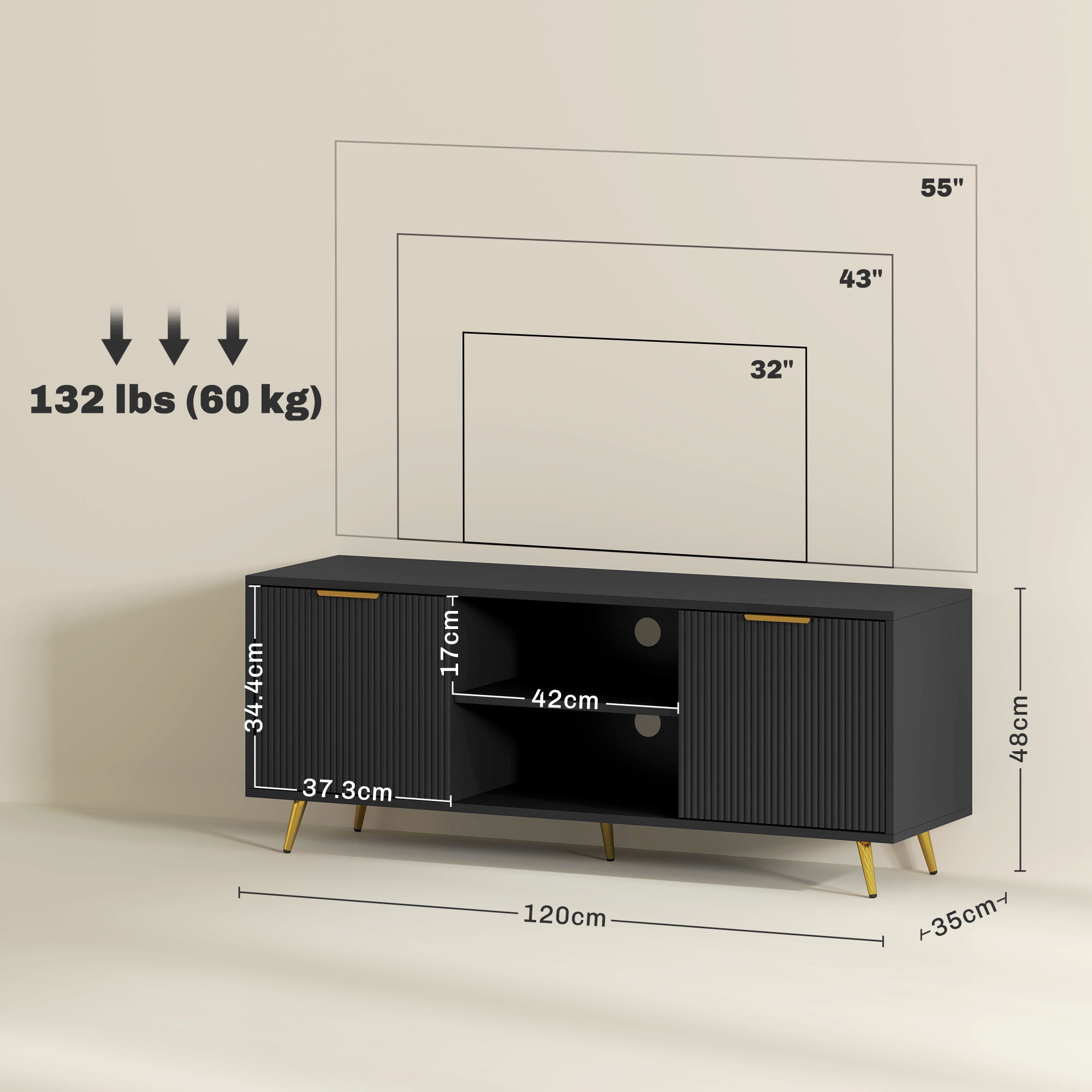 Modern TV Stand Cabinet for TVs up to 55", TV Unit with 2 Open Shelves and 2 Cabinets, Entertainment Centre with Cable Management for Living Room, Black-2