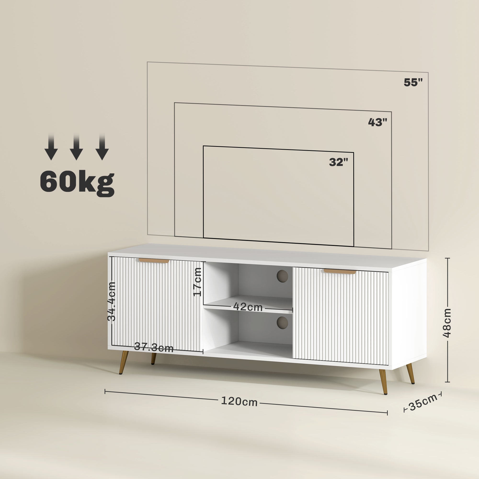 White TV stand with dimensions and weight capacity displayed on a beige background