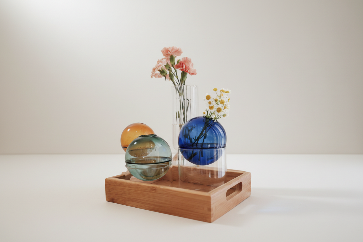 Decorative glass vases and spheres on a wooden tray with a white background