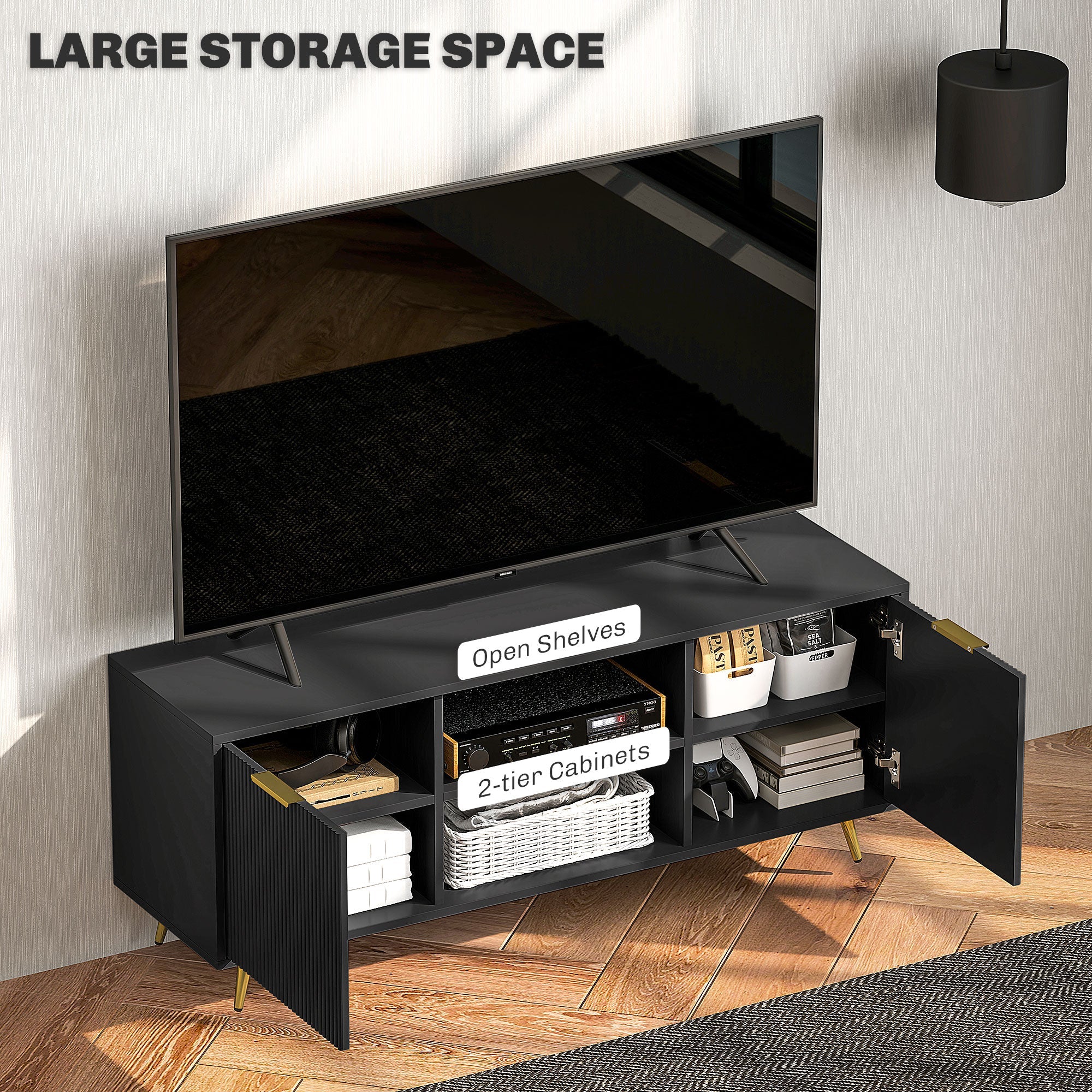Modern TV Stand Cabinet for TVs up to 55", TV Unit with 2 Open Shelves and 2 Cabinets, Entertainment Centre with Cable Management for Living Room, Black-4