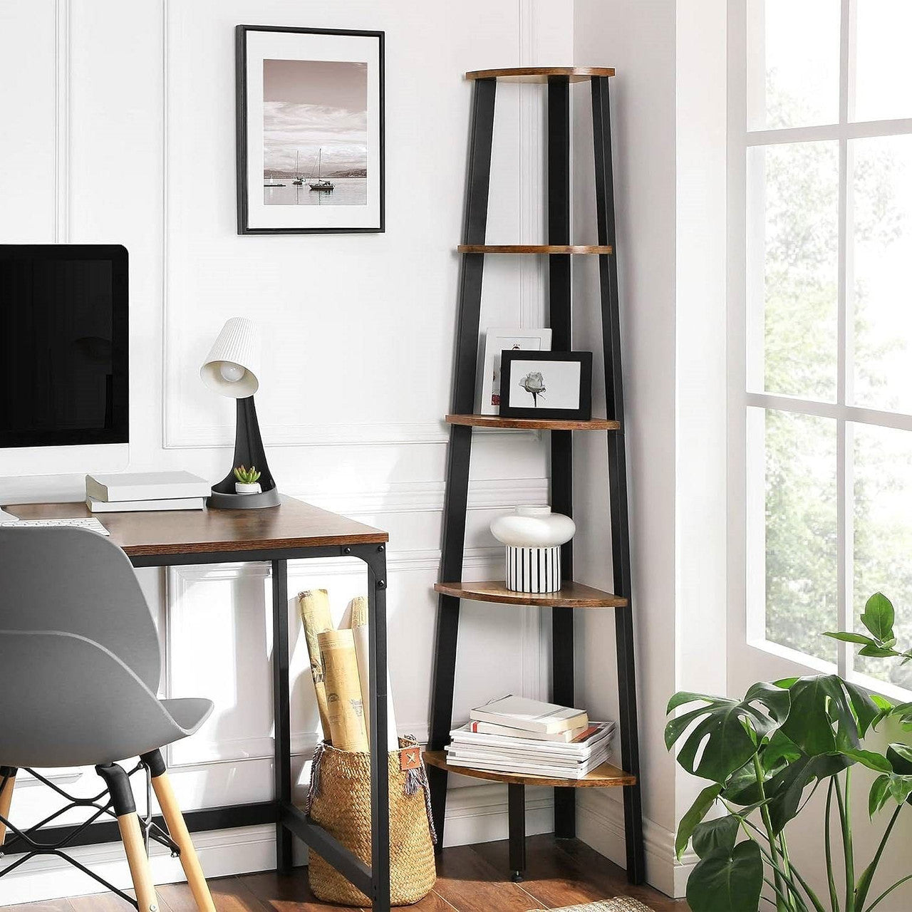 Leaning bookshelf in a room with a desk, chair, and window.
