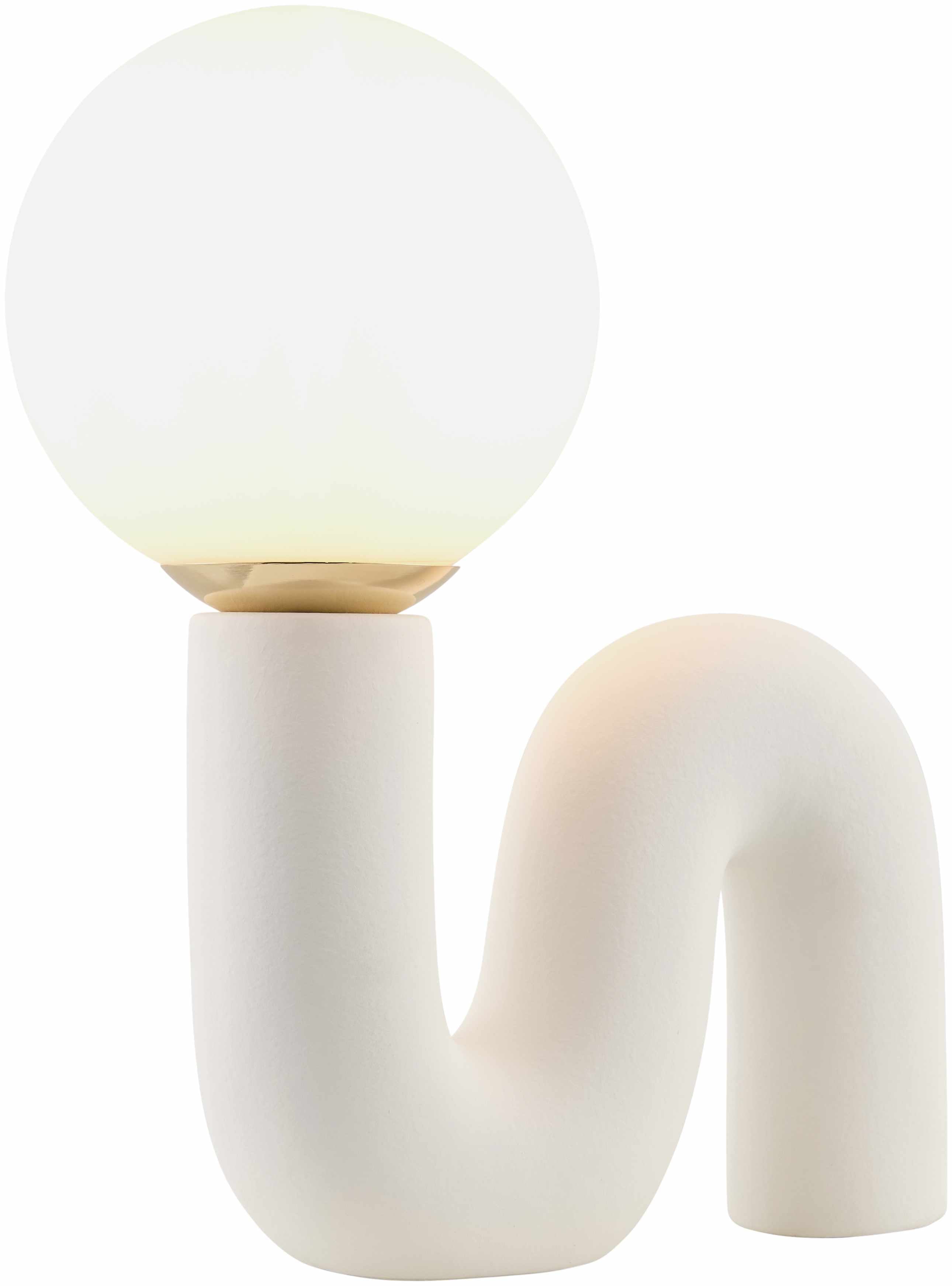 Modern table lamp with a white spherical shade and curved white base on a white background
