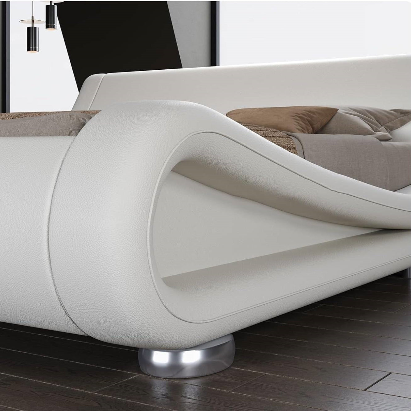 King Modern White Upholstered Platform Bed Frame with Sleigh Curved Headboard-3