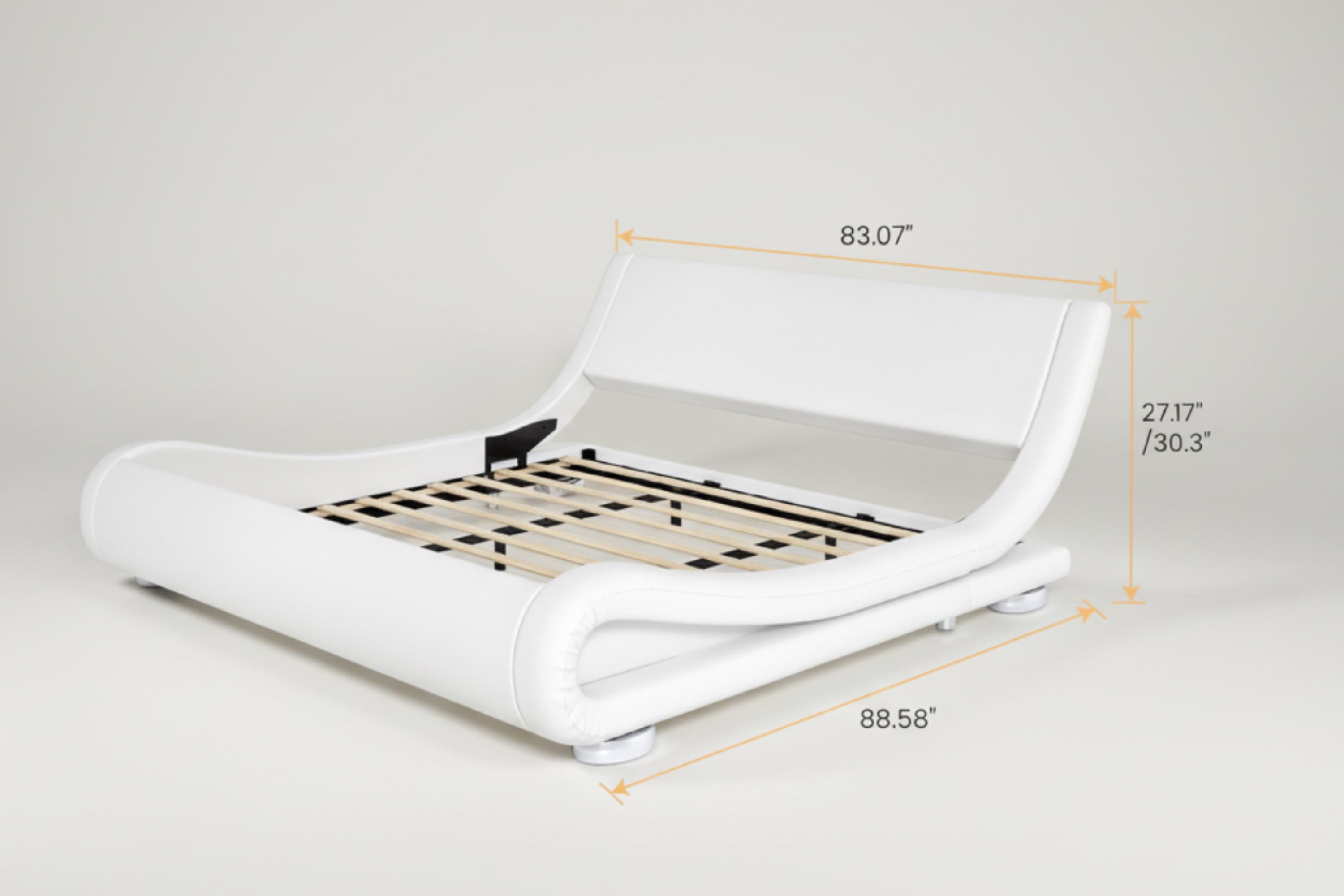 King Modern White Upholstered Platform Bed Frame with Sleigh Curved Headboard-4