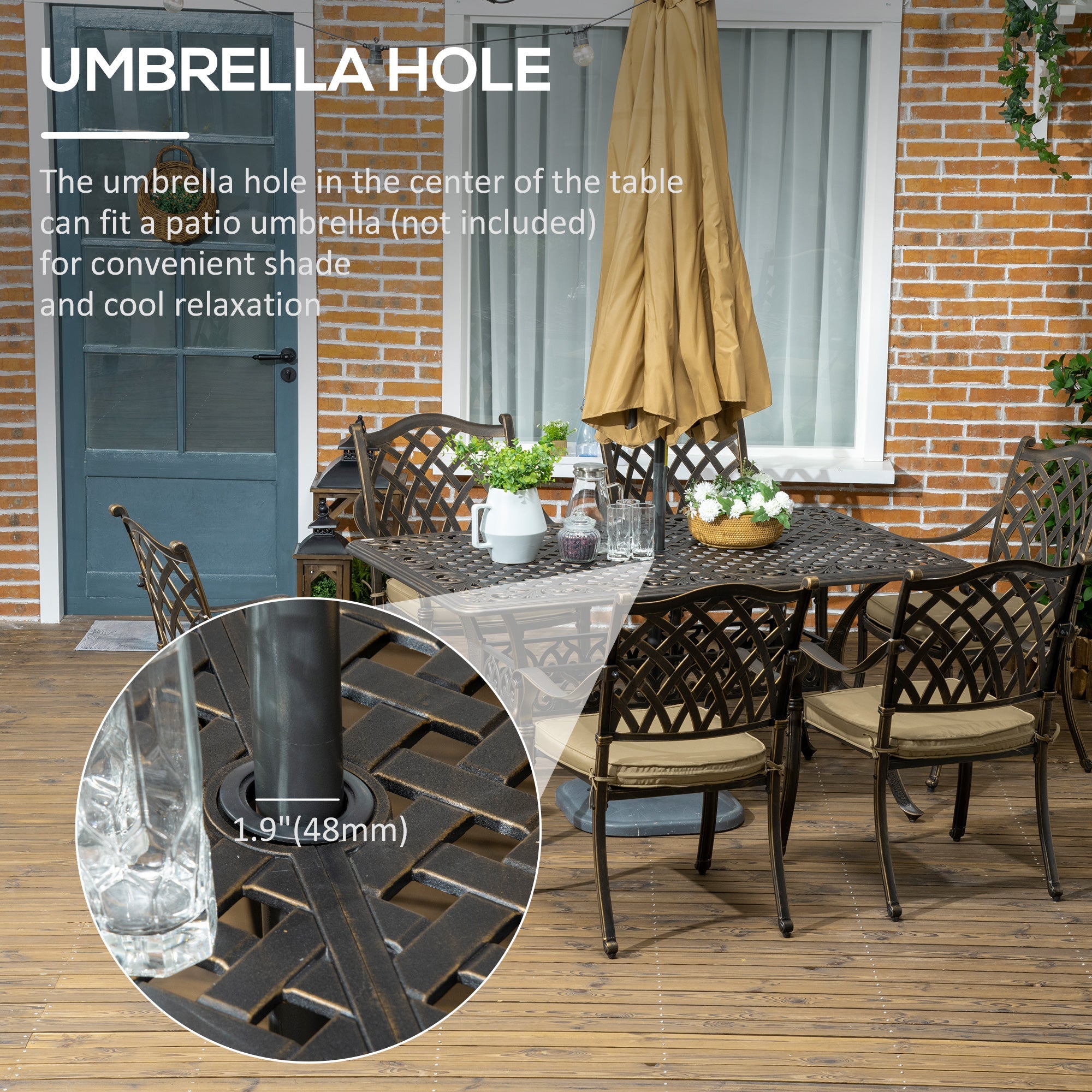 6-Seater Patio Dining Set with Umbrella Hole, Cast Aluminum Patio Furniture Set with Six Cushioned Chairs and Rectangle Dining Table, Bronze-4