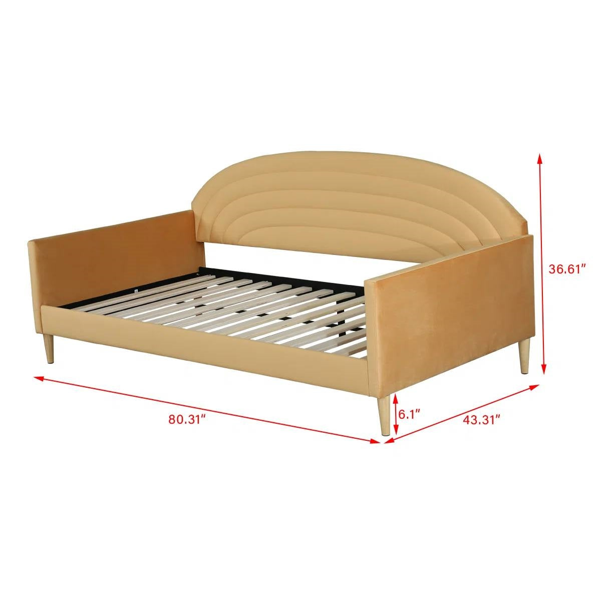 Beige bed frame with dimensions marked on a white background