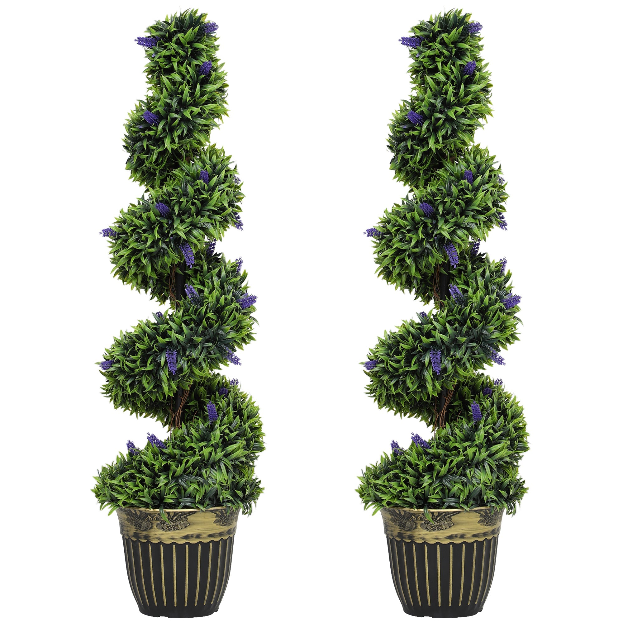 Set of 2 Decorative Artificial Plants, Boxwood Spiral Topiary Tree with Lavender and Pot, Fake Plants for Home Indoor Outdoor Decor, 115cm-0