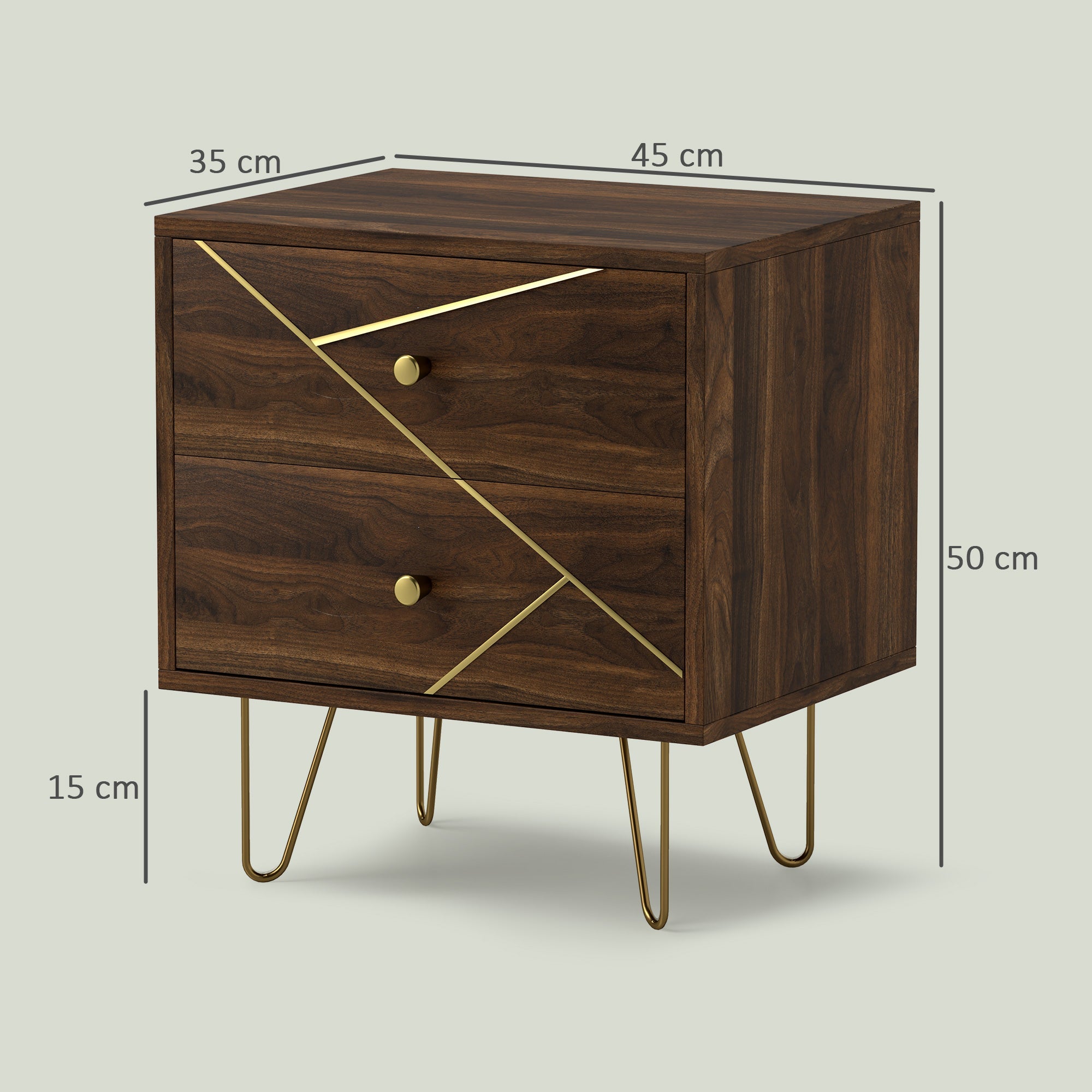 Bedside Tables Set of 2, Modern Side Table Set with 2 Drawers and Steel Hairpin Legs, Nightstand for Bedroom, Brown Wood Grain-2
