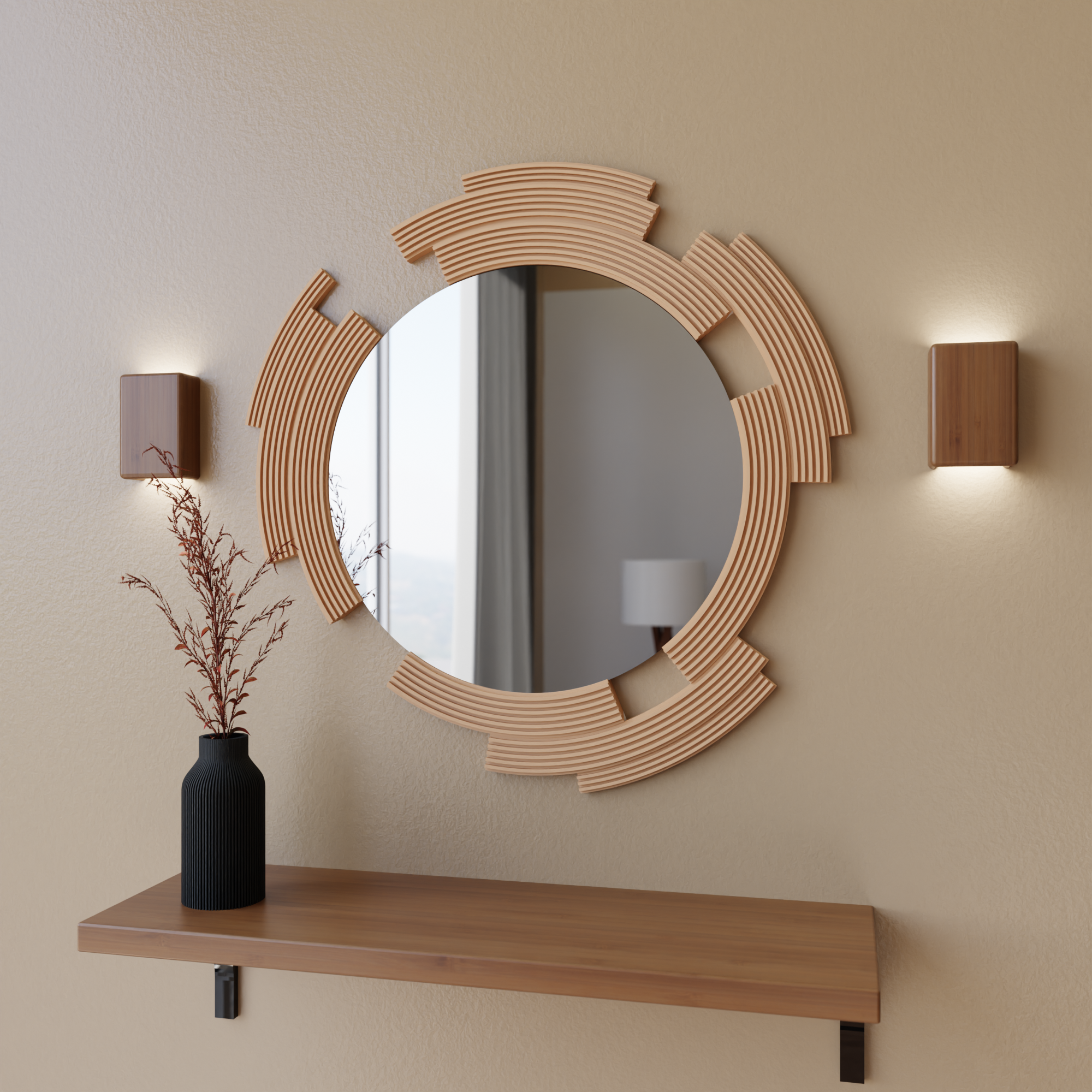 Round wooden mirror with a shelf and decorative vase on a beige wall.