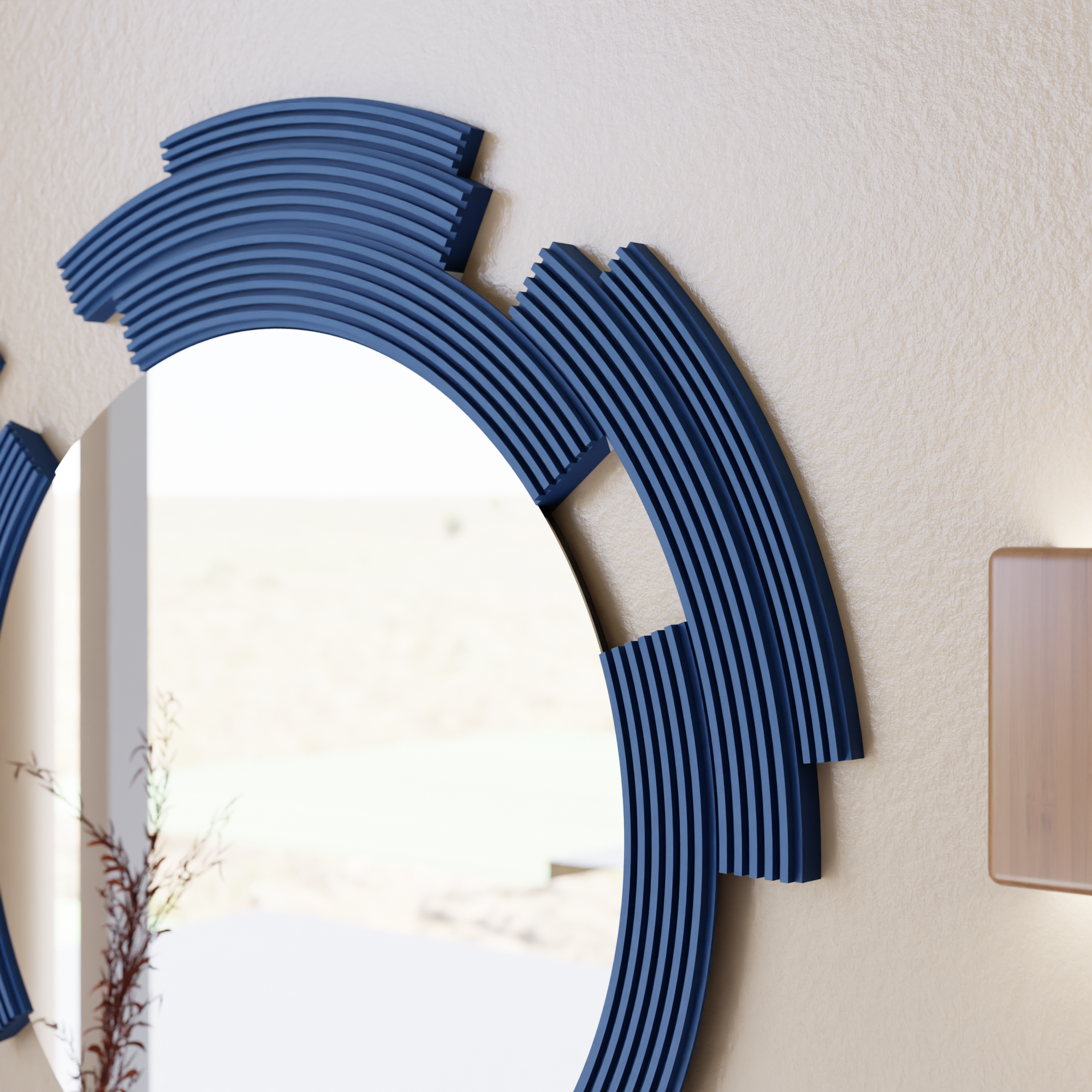 Decorative mirror with a blue, ribbed frame on a neutral wall.