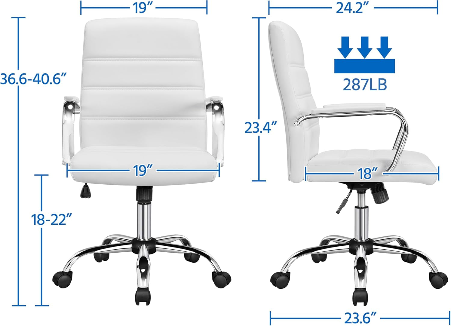 White office chair with measurements and weight capacity label on a blue background