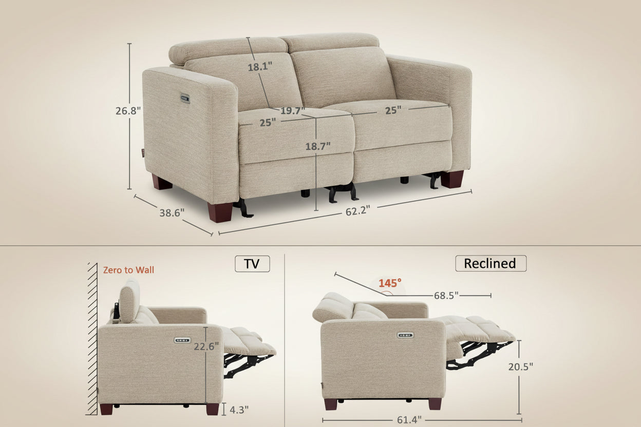 Beige Fabric Wall Hugger Power Loveseat Recliner USB-2
