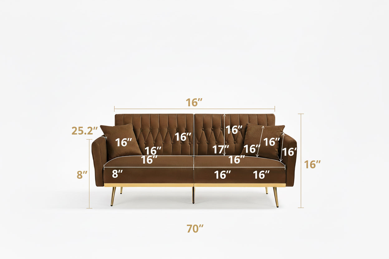 Brown sofa with gold legs and dimensions labeled on a white background