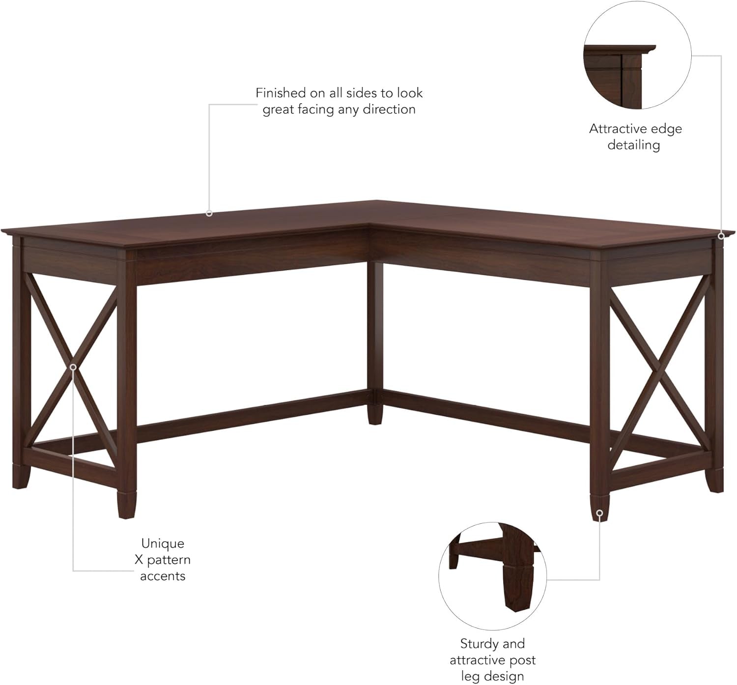 Brown L-shaped desk with X-pattern accents and leg design on a white background