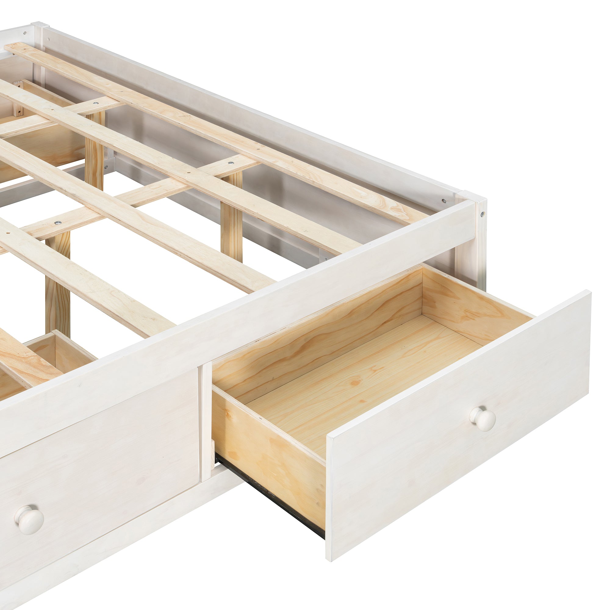 Platform Bed Frame with 4 Storage Drawers and Footboard Storage Cubby,