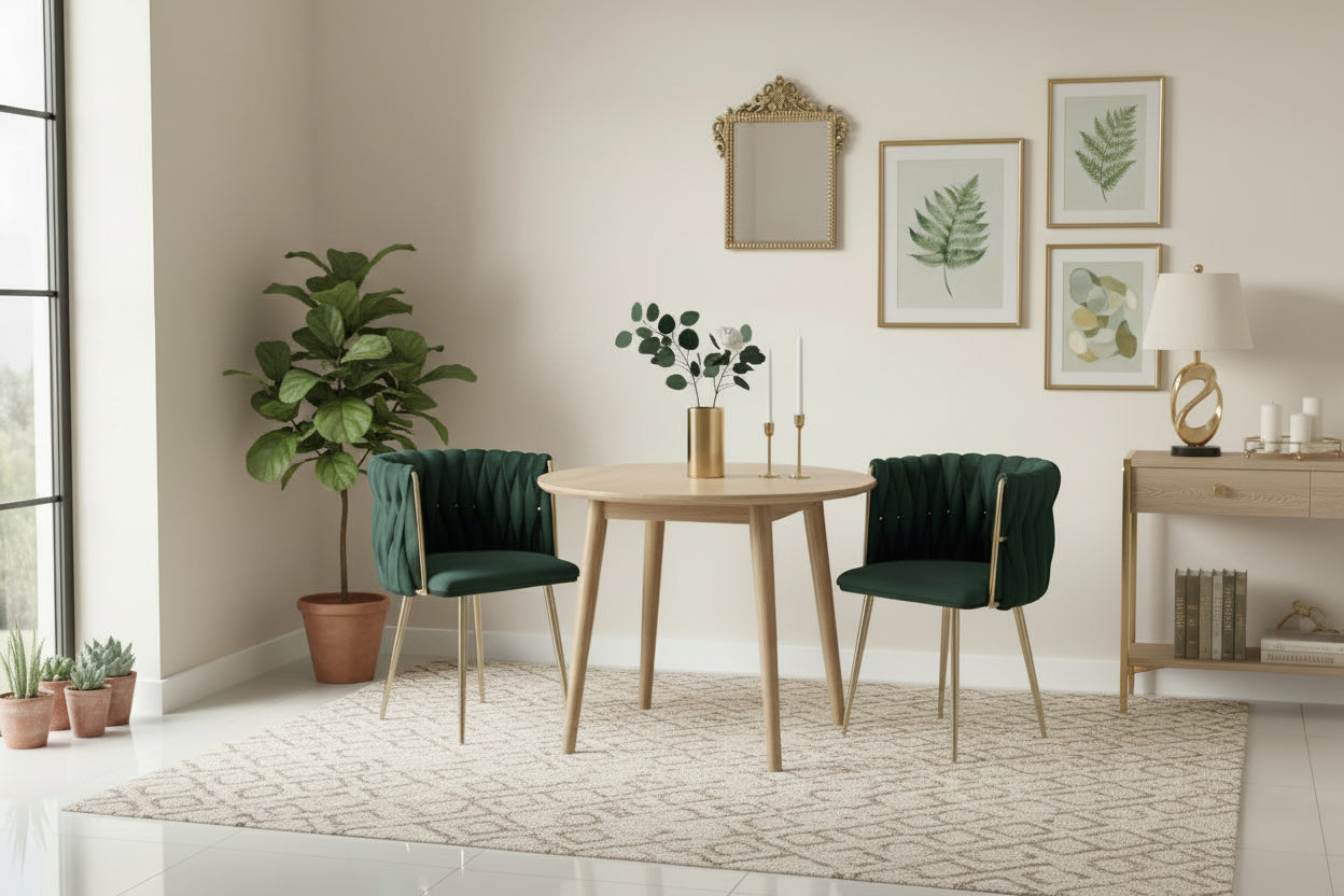 Dining room with wooden table, green chairs, and a white bench on a light wood floor.