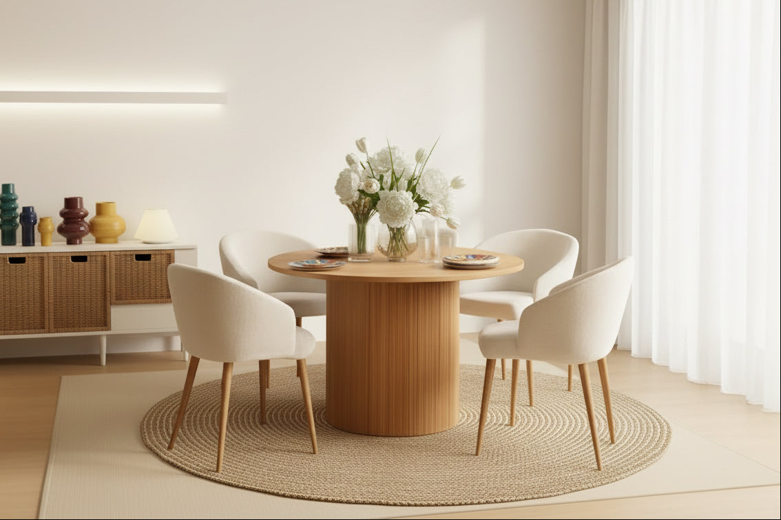 Dining area with a wooden table and chairs in a warm-toned room.