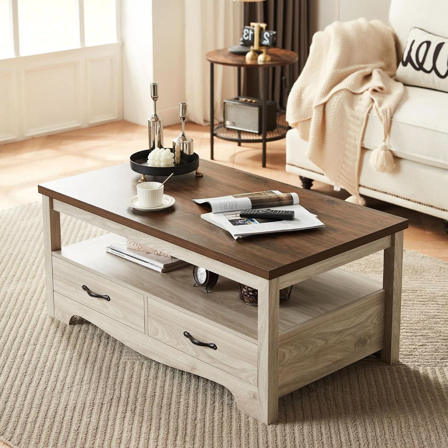 Farmhouse Brown Oak Coffee Table With Storage Drawers-1