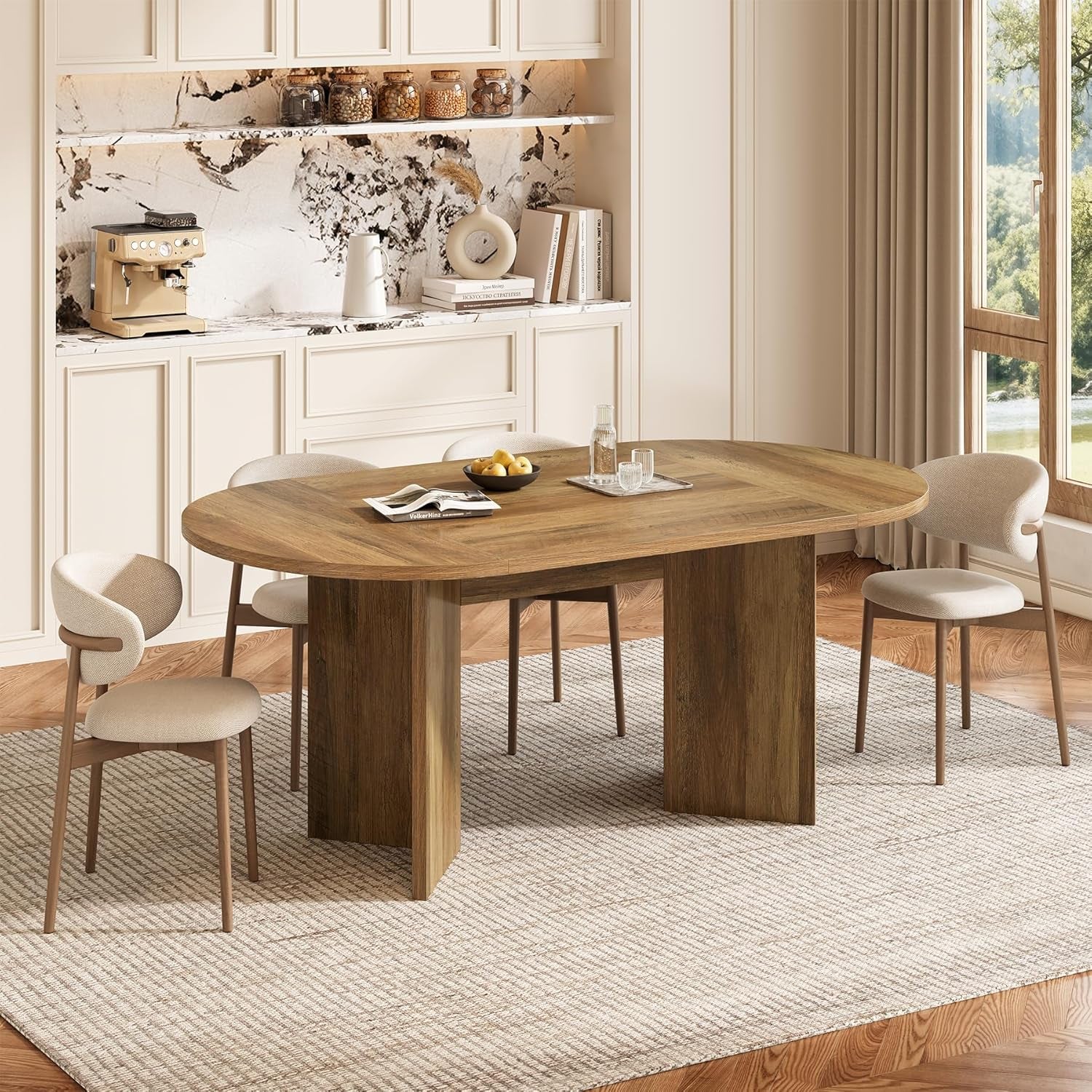 Dining room with wooden table and chairs in a well-lit room.