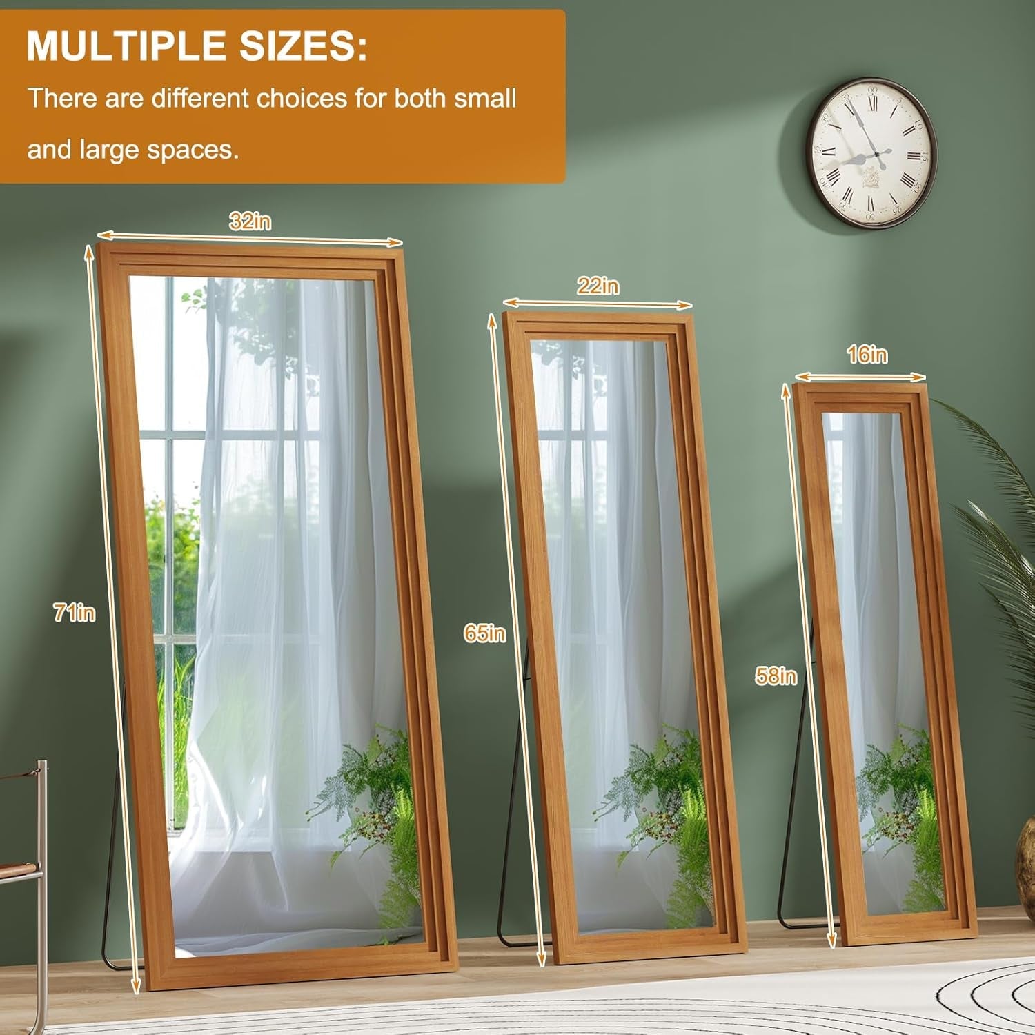 Set of three wooden-framed mirrors of different sizes against a green wall.