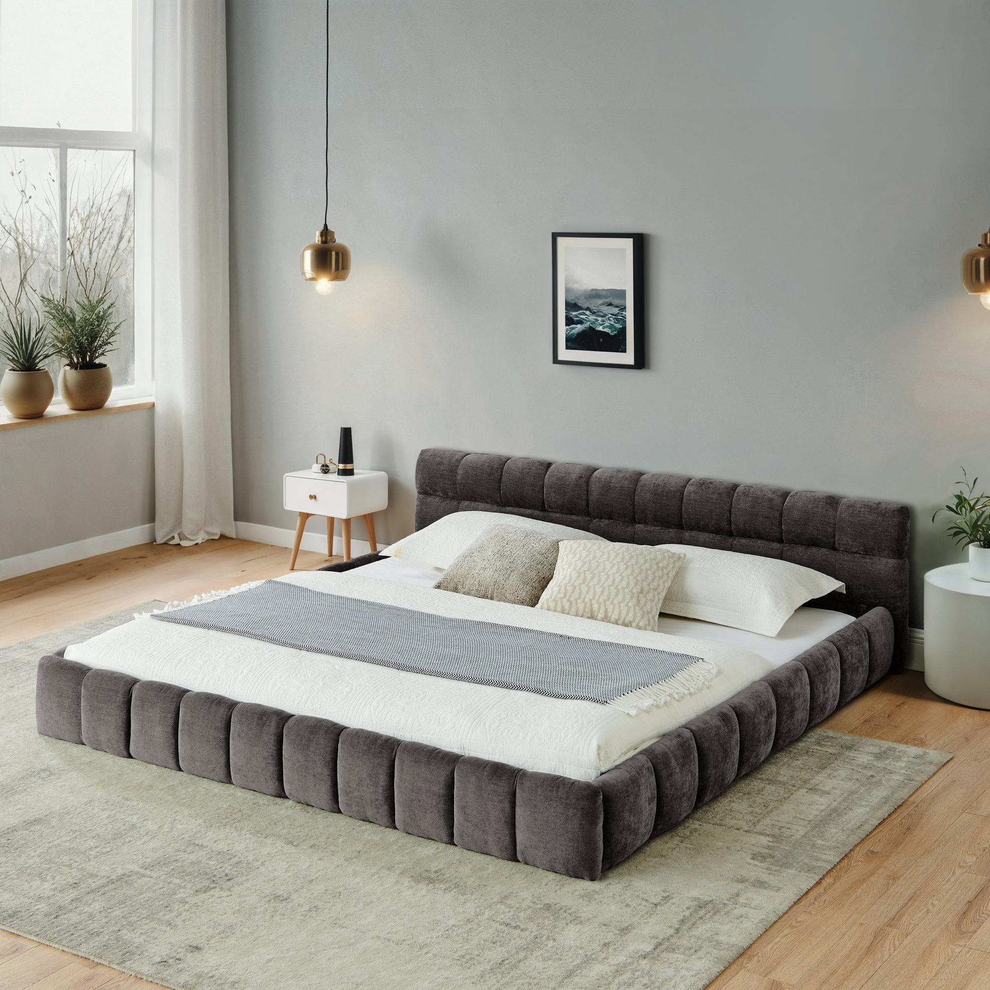 Upholstered Bed Frame with Thick Chenille Fabric, Grounded Platform