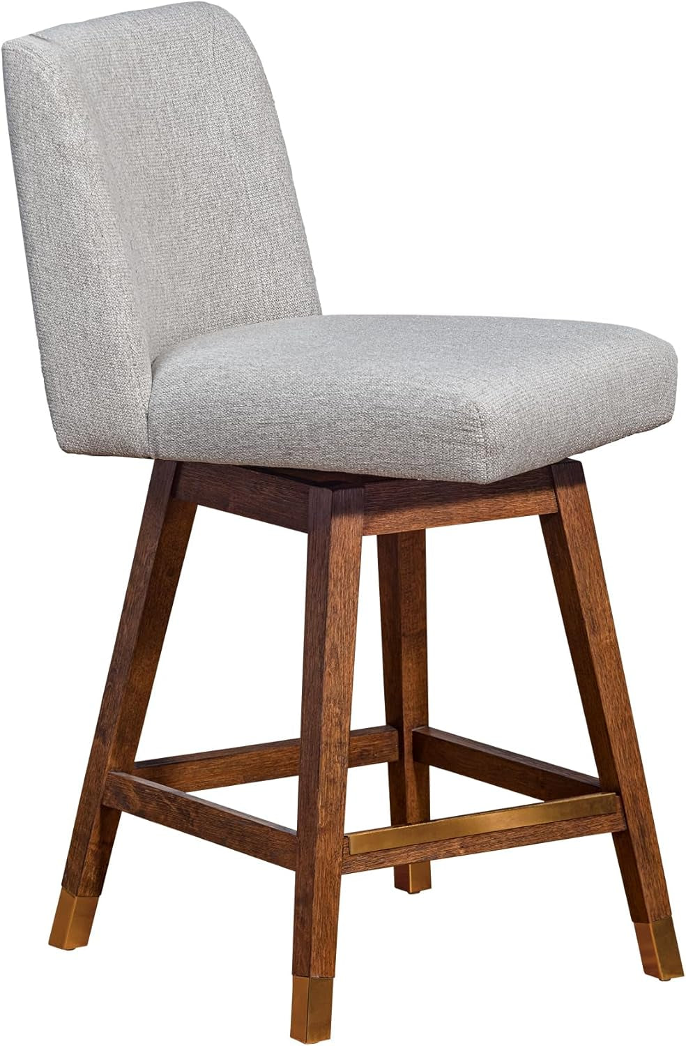 Bar stool with gray cushioned seat and wooden legs on a white background