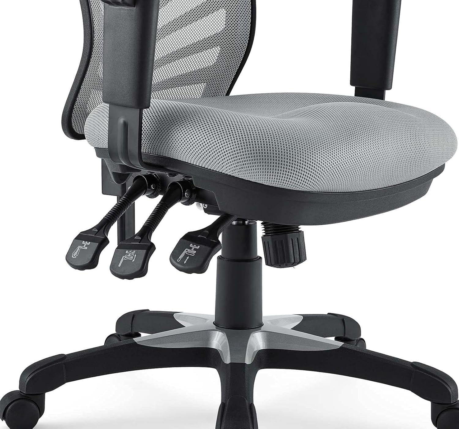 Gray office chair with mesh backrest and adjustable base on a white background
